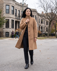 A-Line Coat with Stand Collar — walking on a windy Chicago street in late autumn