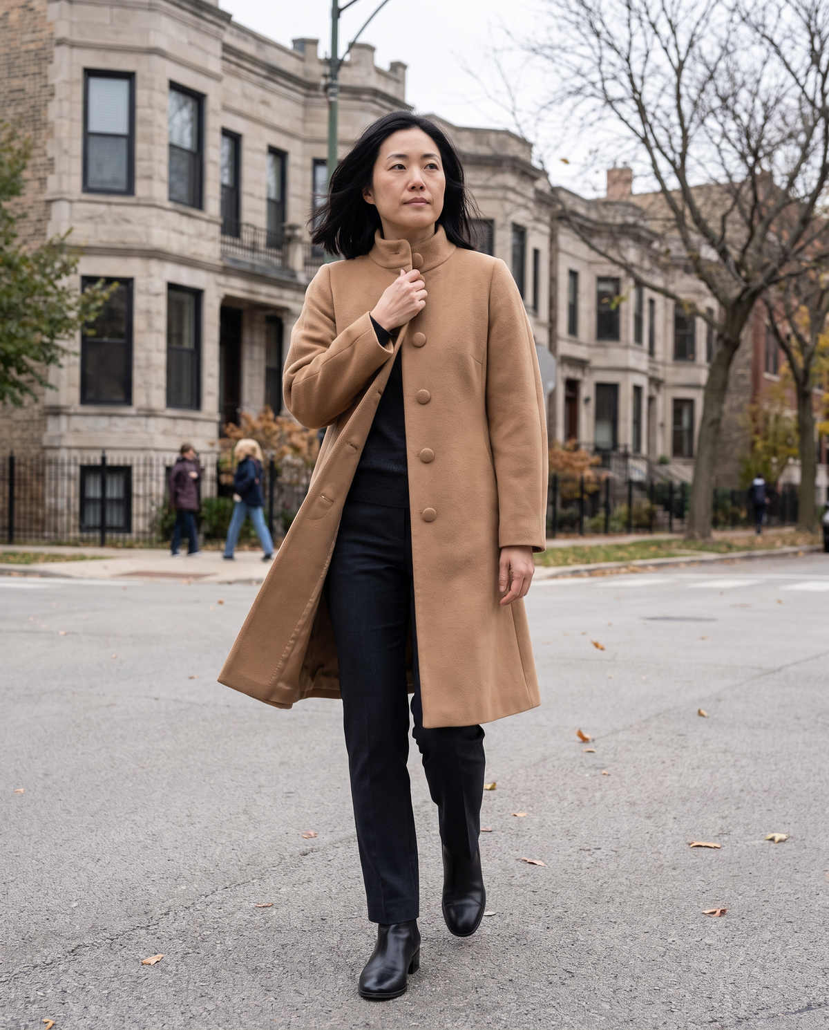 A-Line Coat with Stand Collar — walking on a windy Chicago street in late autumn