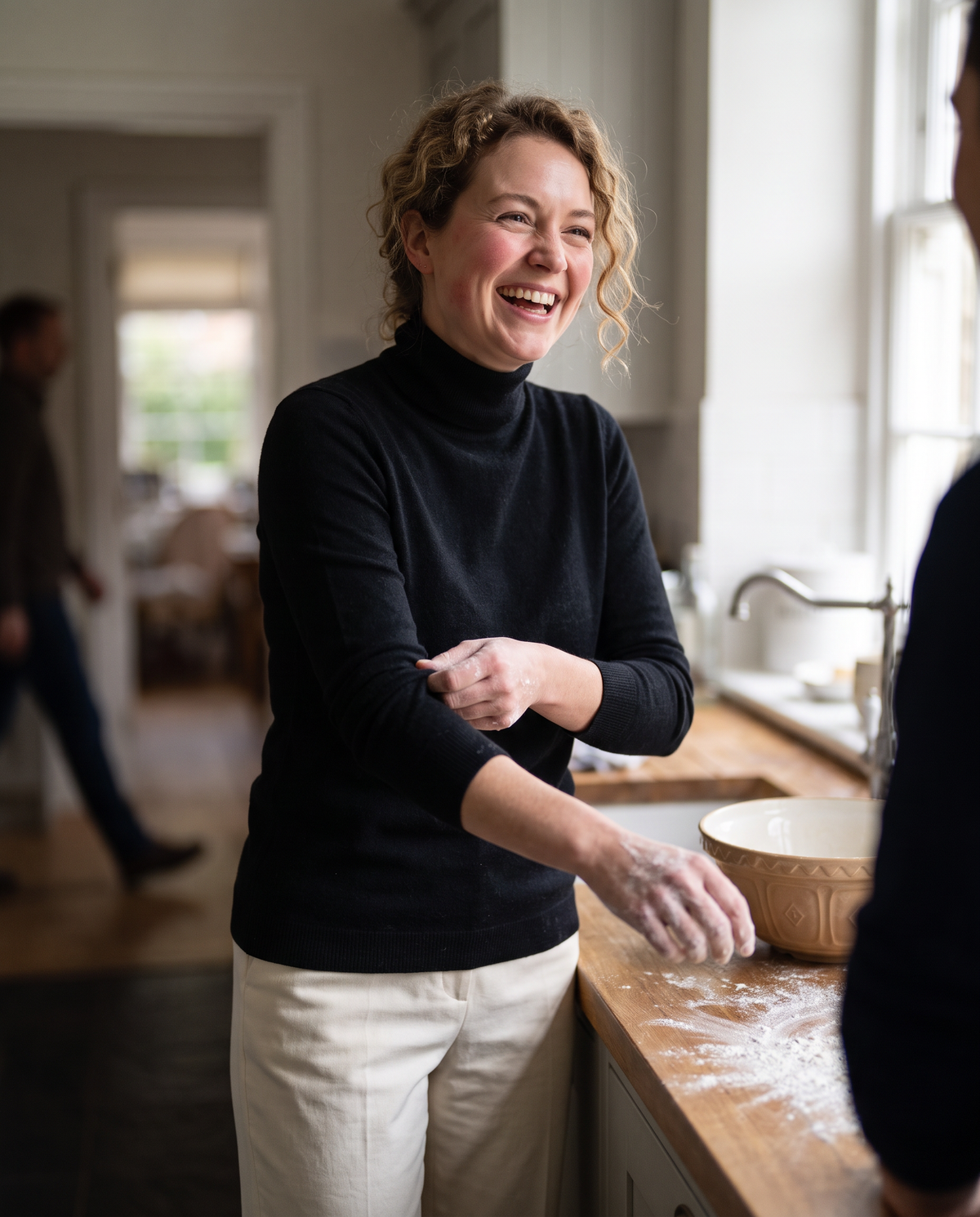 Merano Classic Solid Knit Turtleneck Sweater — baking at home on a Sunday morning