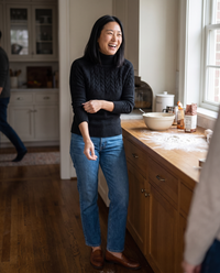Gloucester Warm Cable Knit Ribbed Turtleneck Sweater — baking at home on a Sunday morning