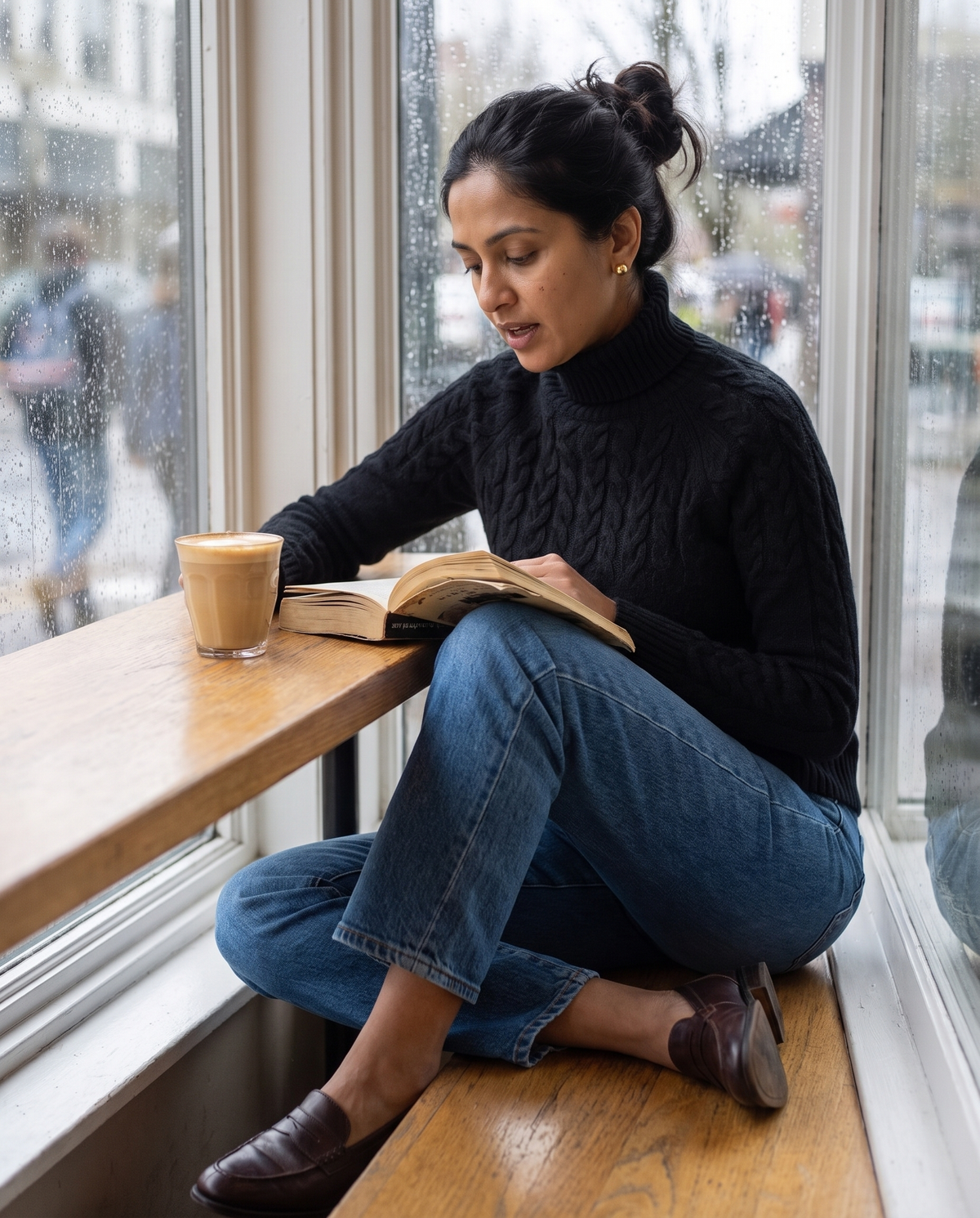 Gloucester Warm Cable Knit Ribbed Turtleneck Sweater — reading in a café on a rainy afternoon
