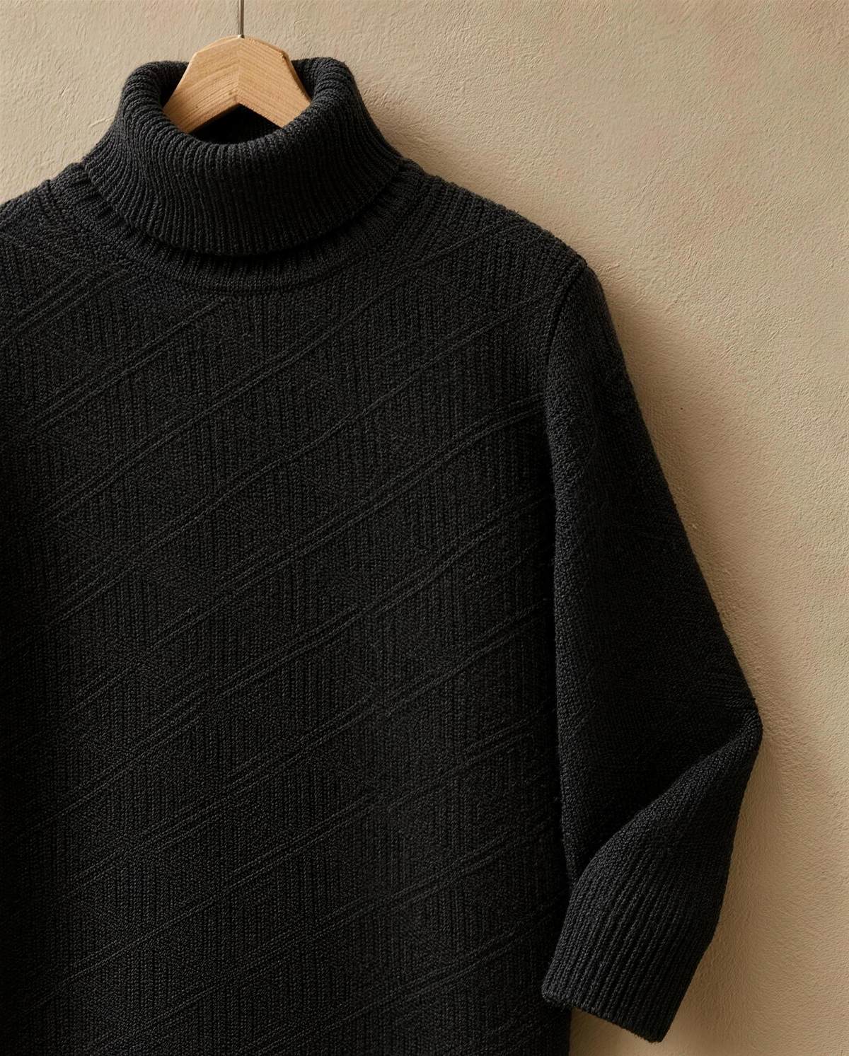 Thornbury Warm Ribbed-Cuff Geometric Knit Turtleneck Sweater — collar and knit texture detail