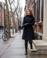 Fitted Hooded Coat with Textured Finish — stepping out of a Philadelphia rowhouse on a cold morning