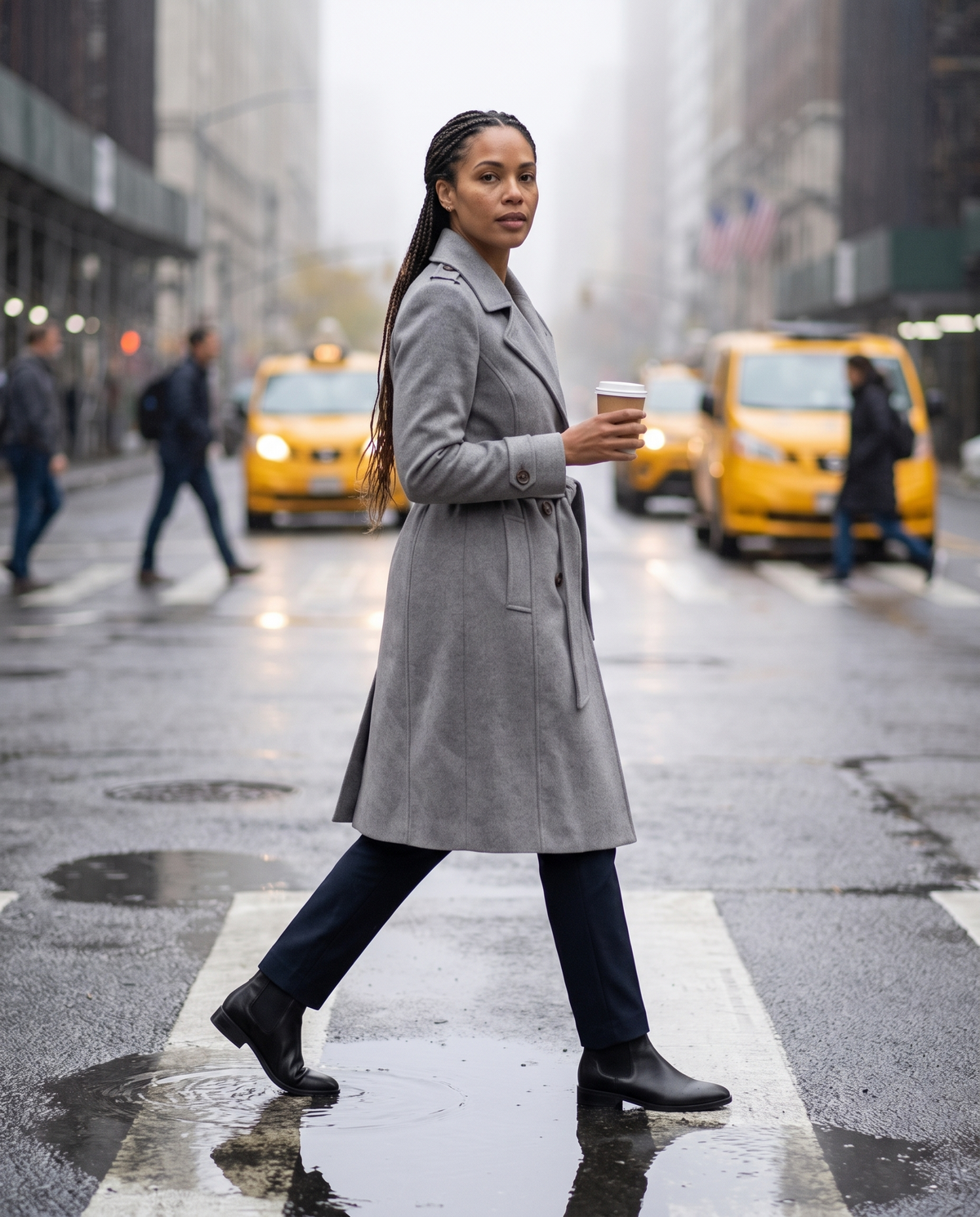 Women's Double-Breasted Trench Coat — crossing a wet Manhattan street on a misty morning
