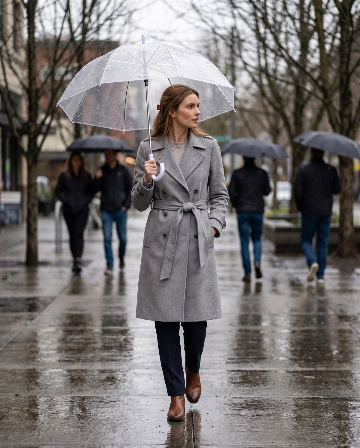 Women's Double-Breasted Trench Coat — walking in the rain in Seattle