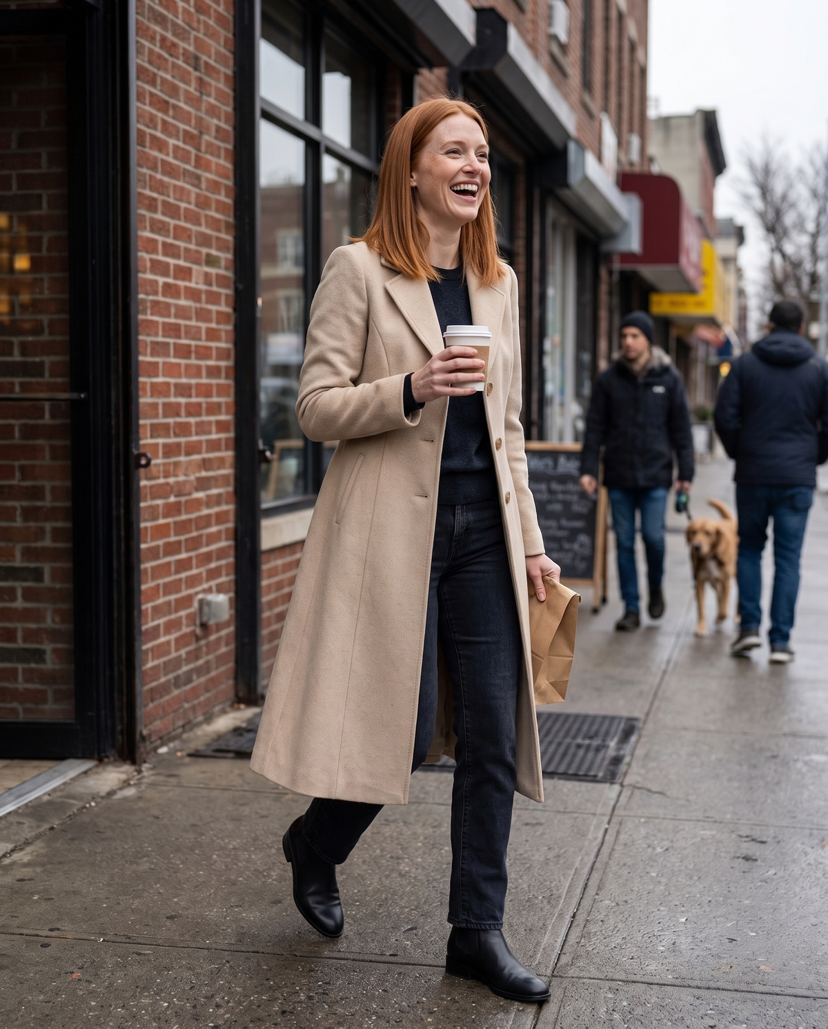 Long Tailored Coat with Flared Hem — leaving a Brooklyn bakery on a chilly Saturday