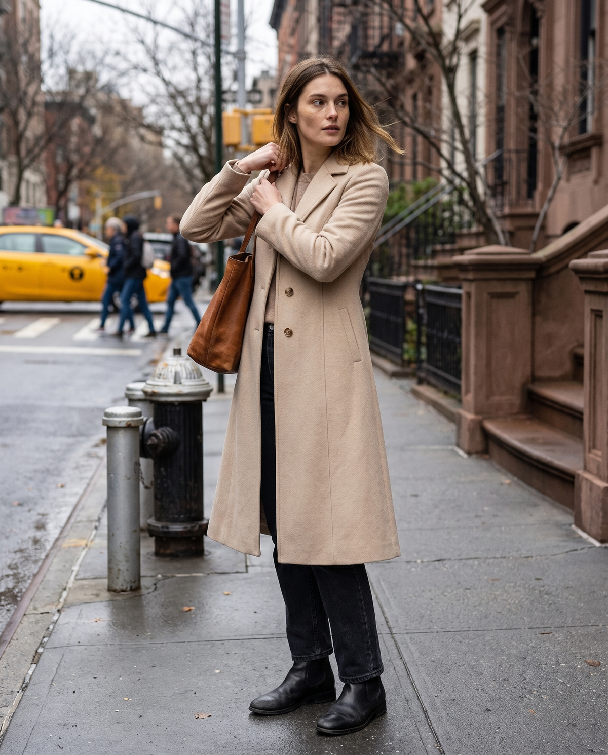 Long Tailored Coat with Flared Hem — waiting to cross a Manhattan street on a cloudy afternoon