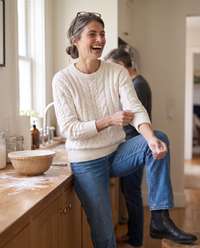 Marettimo Classic Cable Knit Pullover Sweater — baking at home on a Sunday morning