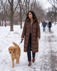 Extra-Long Hooded Puffer Parka — walking a dog in a snowy park