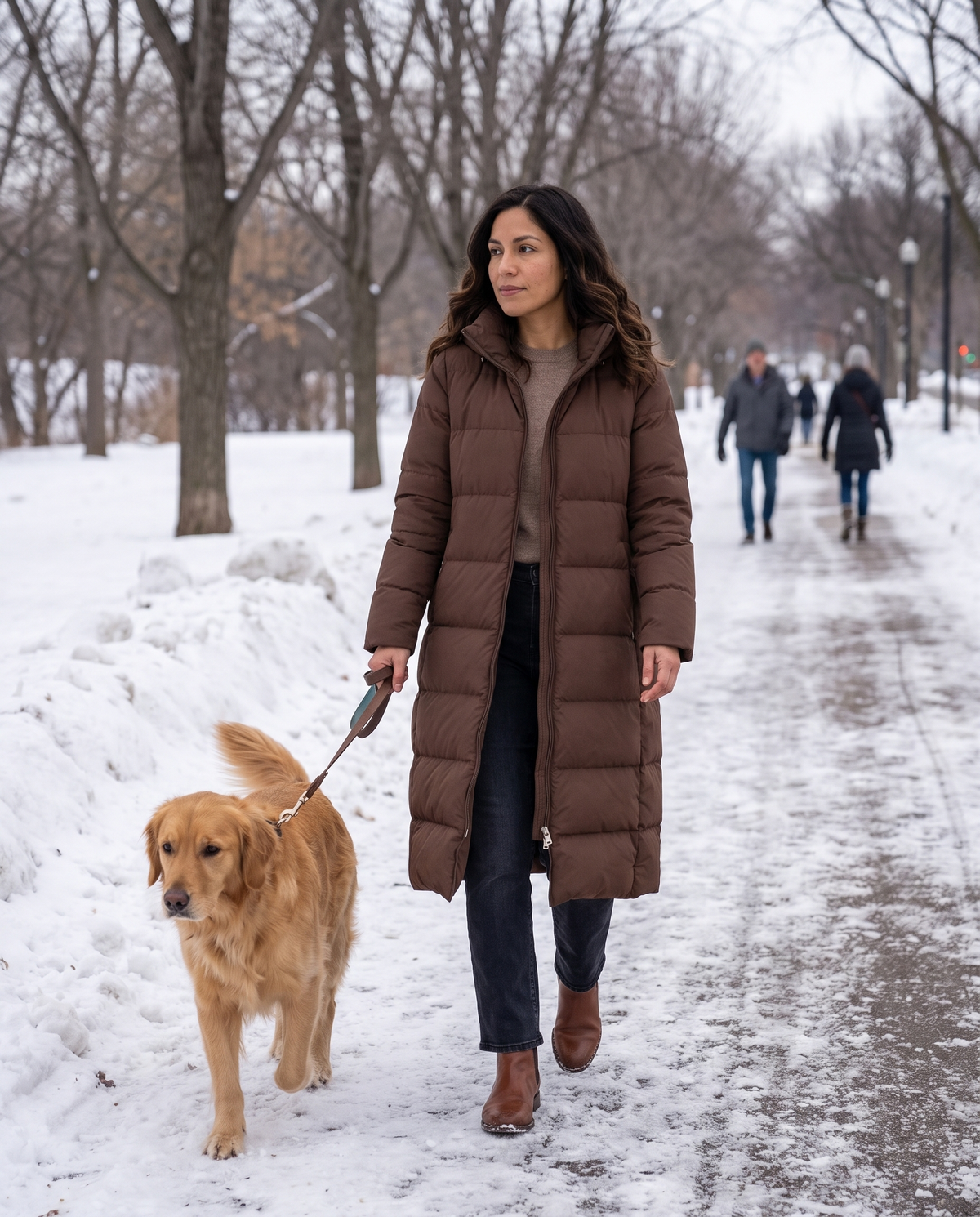 Extra-Long Hooded Puffer Parka — walking a dog in a snowy park