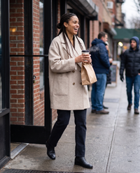 Oversized Double-Breasted Wool-Blend Coat — leaving a Brooklyn bakery on a chilly Saturday