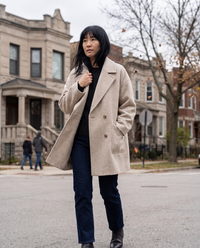 Oversized Double-Breasted Wool-Blend Coat — walking on a windy Chicago street in late autumn