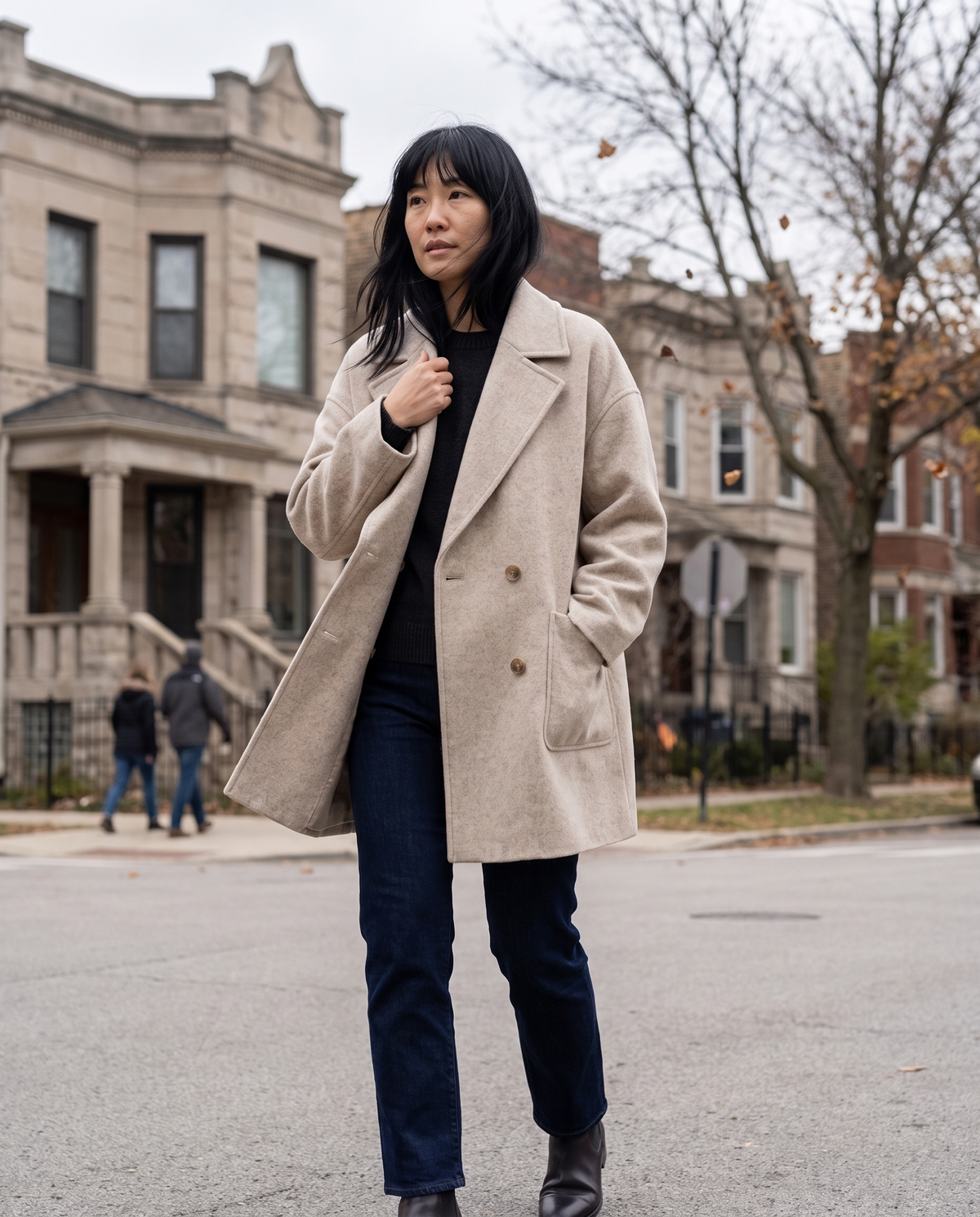 Oversized Double-Breasted Wool-Blend Coat — walking on a windy Chicago street in late autumn