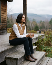 Falmouth Versatile Cable Knit Sweater Vest — with tea on a Vermont cabin porch