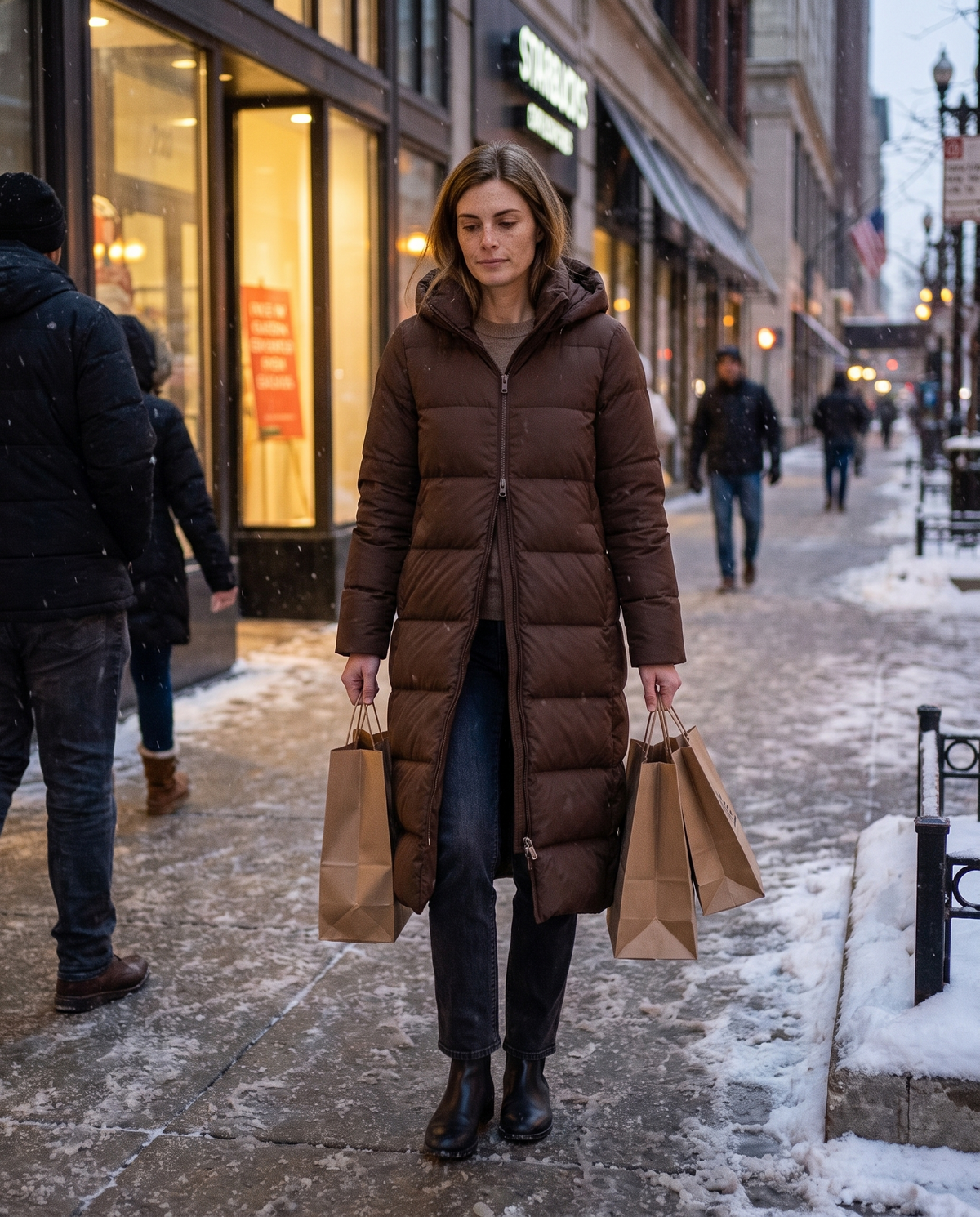 Extra-Long Hooded Puffer Parka — carrying shopping bags on a snowy Chicago sidewalk at dusk