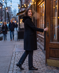 Double-Breasted Hooded Coat with Plush Trim — arriving for dinner in the West Village