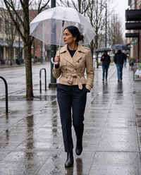 Cropped Belted Trench Jacket for Women — walking in the rain in Seattle