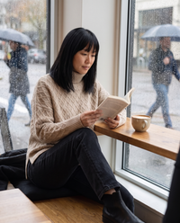 Fairfield Cozy Diamond Knit Oversized Turtleneck Sweater — reading in a café on a rainy afternoon