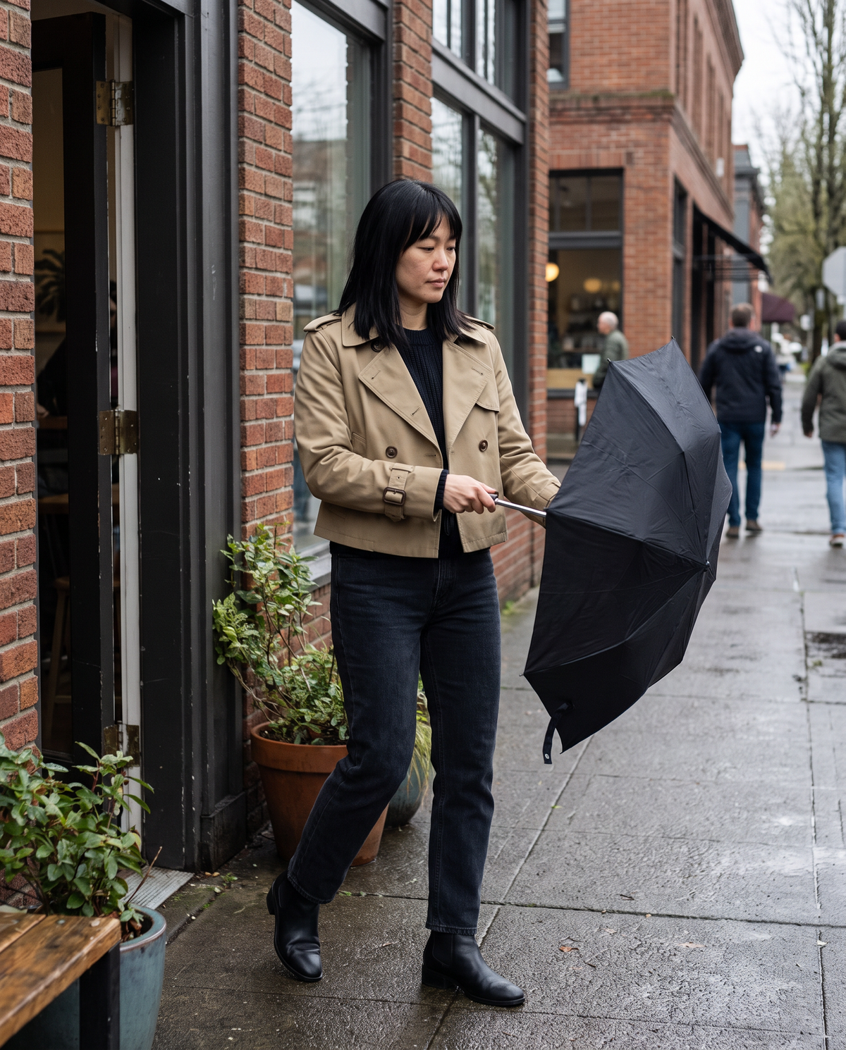 Vintage Cropped Trench Coat with Epaulettes — stepping out into the drizzle in Portland