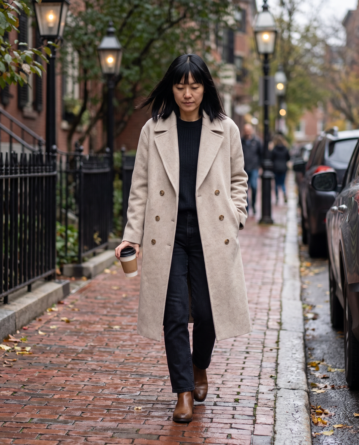 Long Double-Breasted Overcoat for Women — walking on a Boston brick sidewalk on a November morning