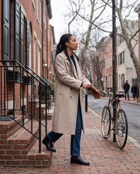 Long Double-Breasted Overcoat for Women — stepping out of a Philadelphia rowhouse on a cold morning