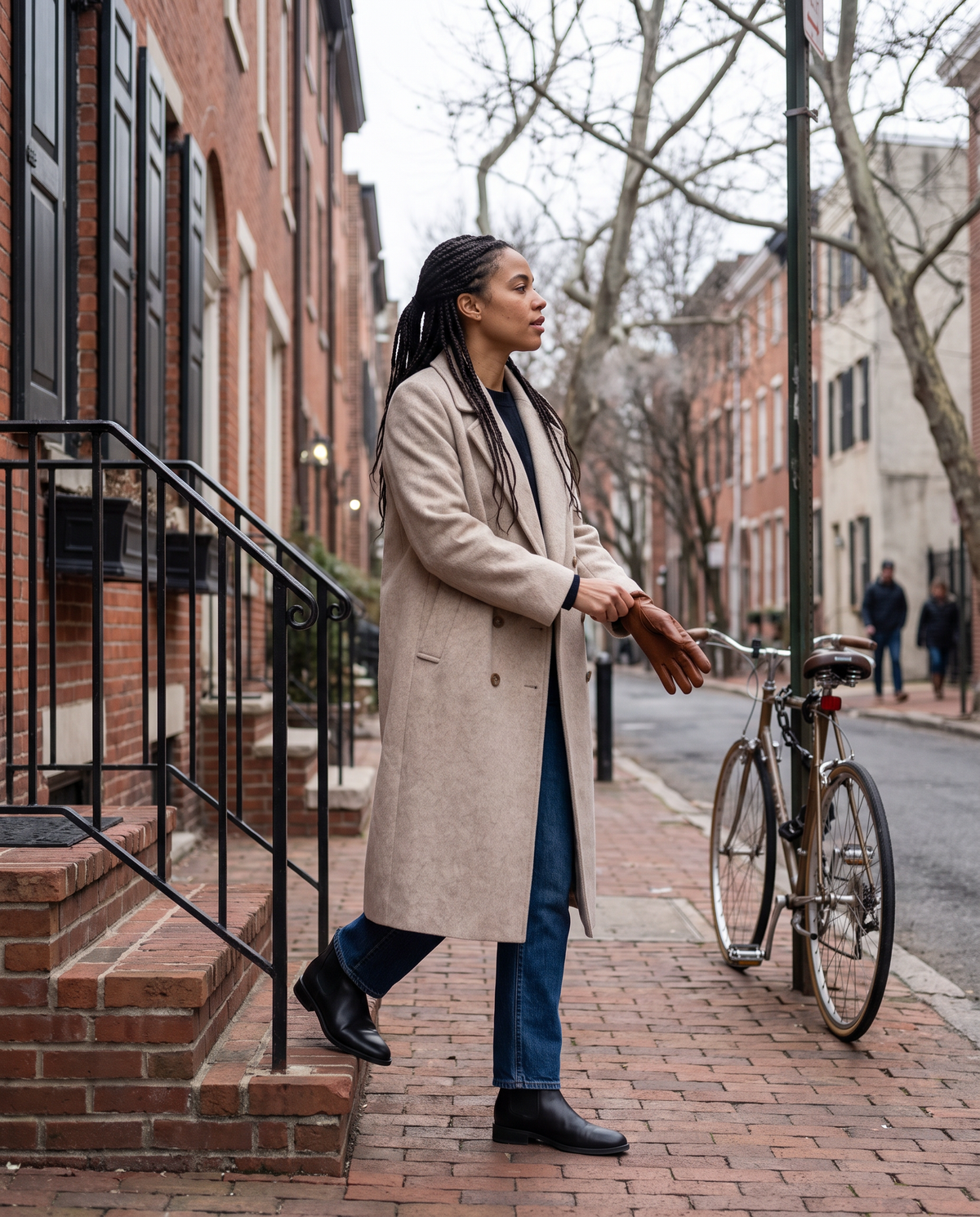 Long Double-Breasted Overcoat for Women — stepping out of a Philadelphia rowhouse on a cold morning