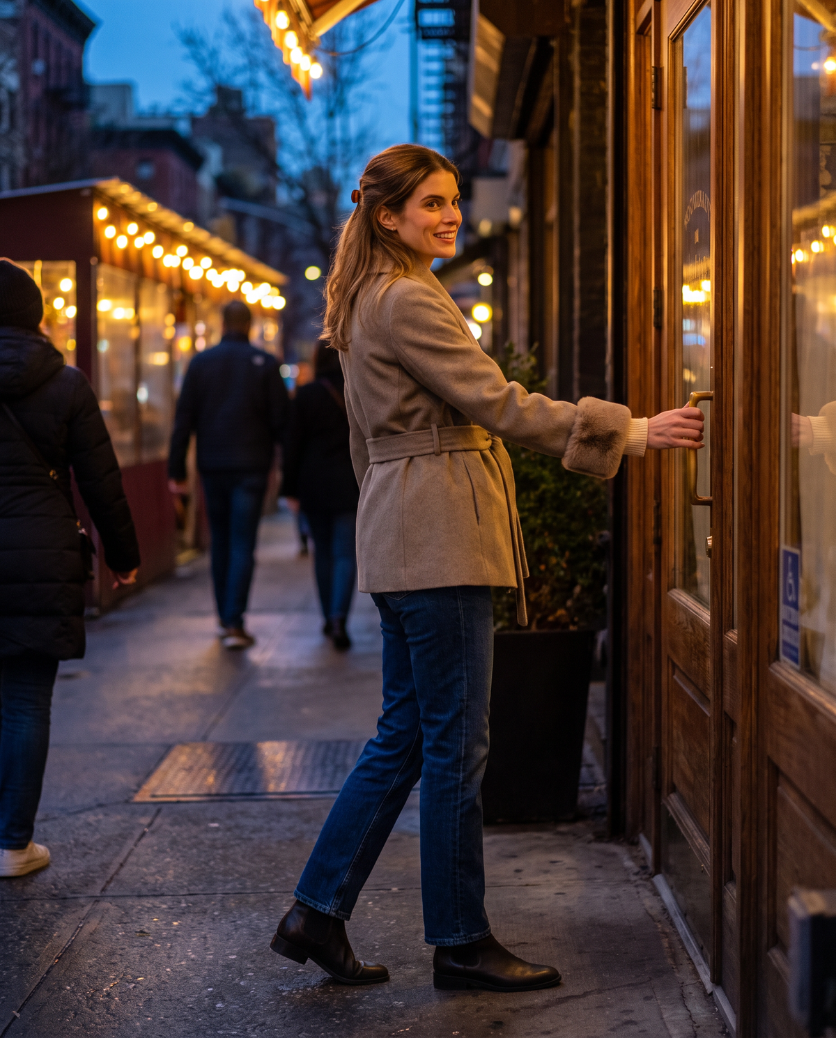 Wool-Blend Wrap Coat with Plush Cuffs — arriving for dinner in the West Village