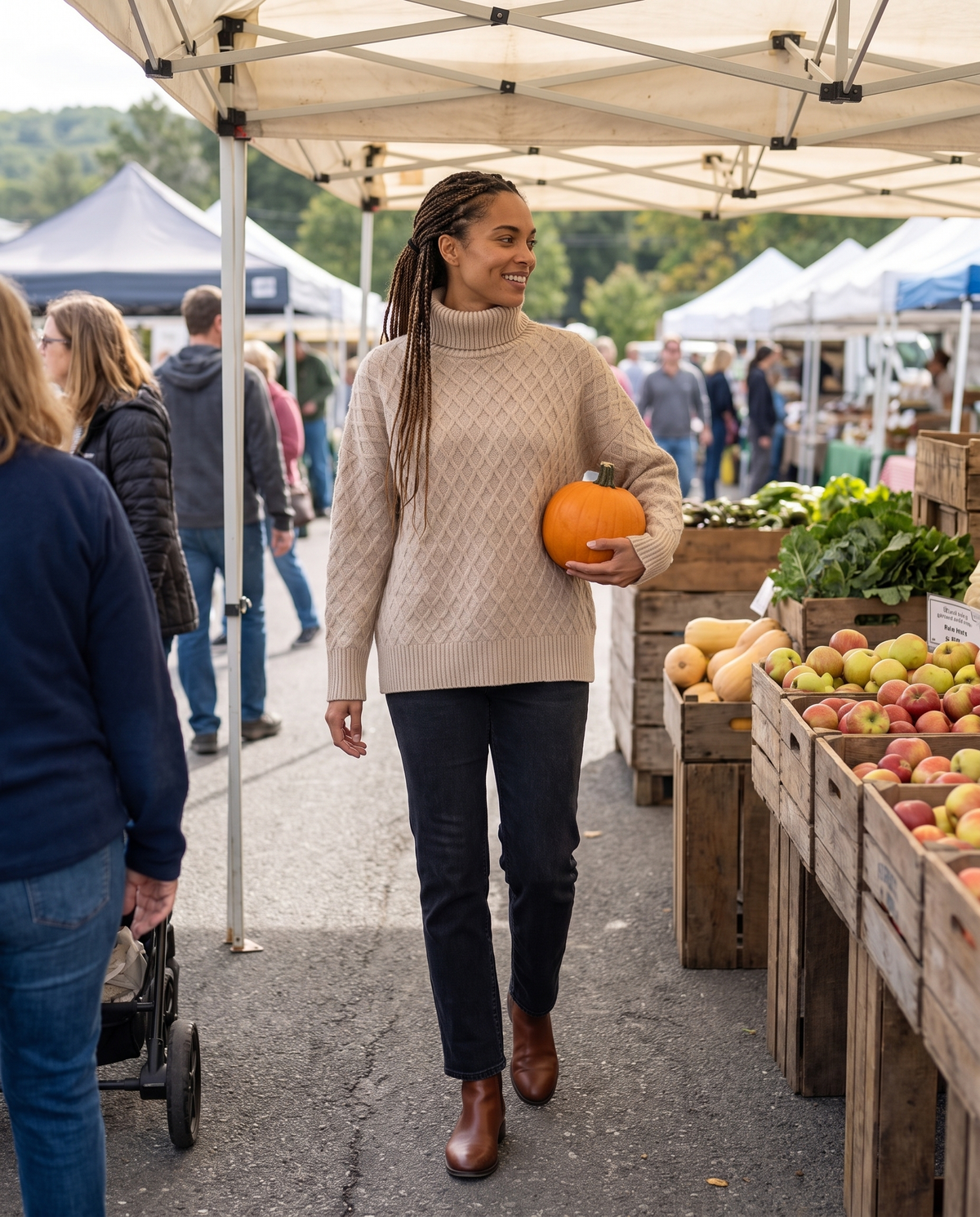 Fairfield Cozy Diamond Knit Oversized Turtleneck Sweater — at a Hudson Valley farmers market
