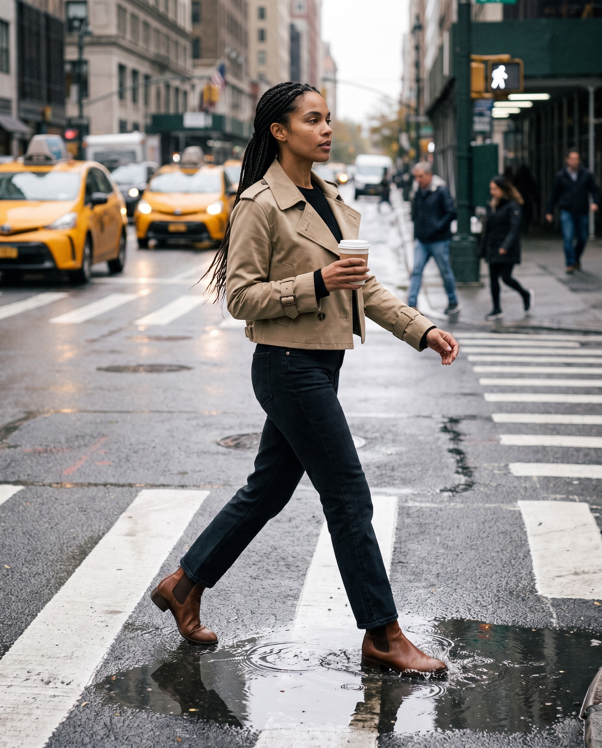 Vintage Cropped Trench Coat with Epaulettes — crossing a wet Manhattan street on a misty morning
