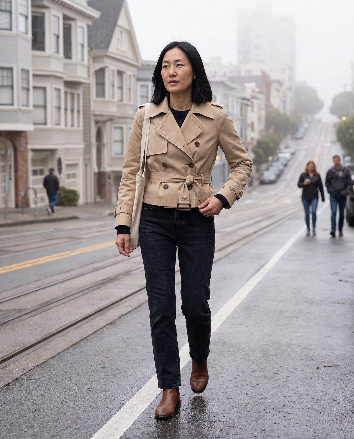 Cropped Belted Trench Jacket for Women — walking up a foggy San Francisco street