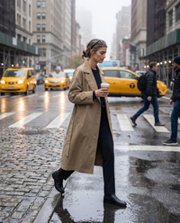 Long Tie-Waist Trench Coat for Women — crossing a wet Manhattan street on a misty morning