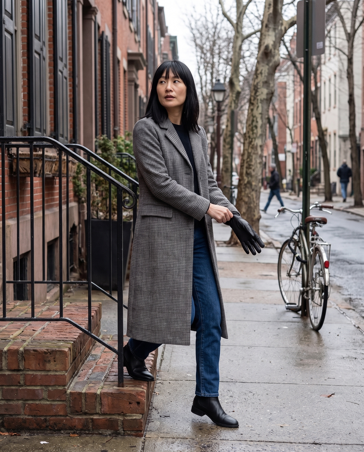 Long Checked Wool-Blend Coat — stepping out of a Philadelphia rowhouse on a cold morning
