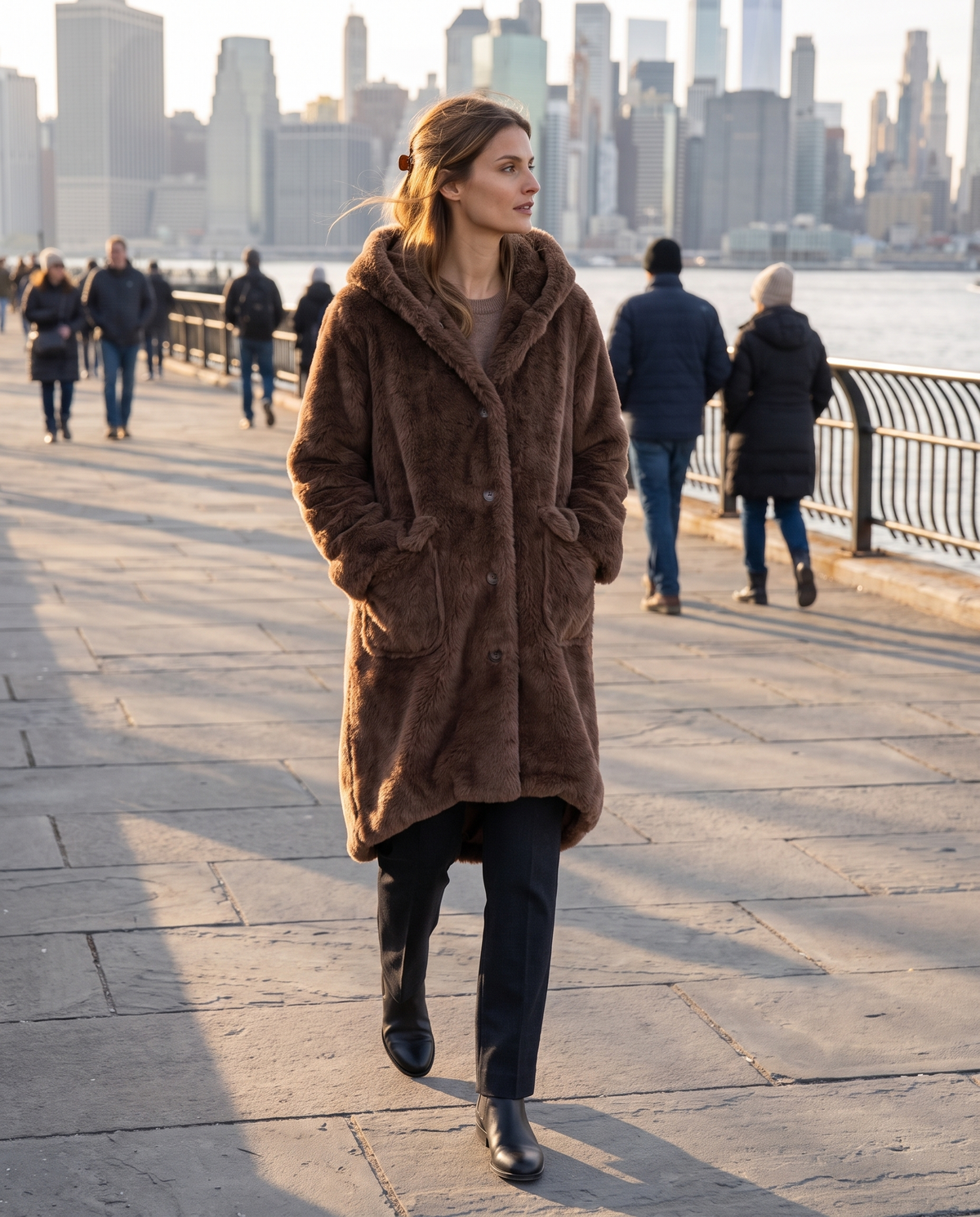 Hooded Faux Fur Longline Coat — on the Brooklyn Heights promenade on a cold afternoon