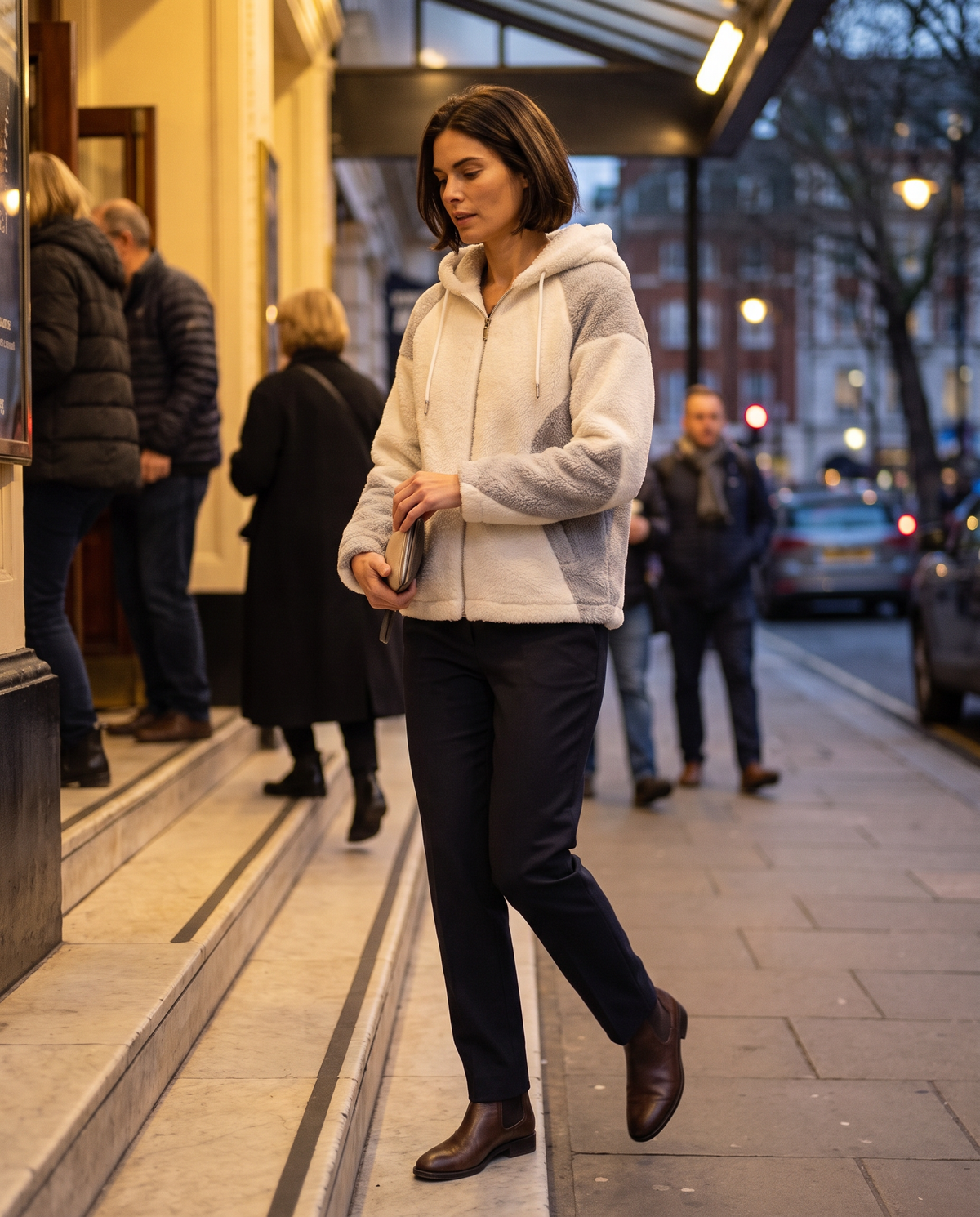 Color-Block Plush Hooded Jacket — leaving the theatre on a cold evening