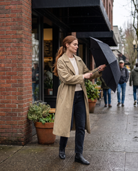 Long Tie-Waist Trench Coat for Women — stepping out into the drizzle in Portland
