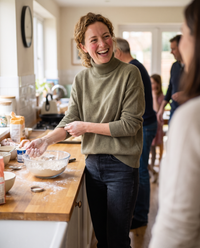 Erice Relaxed Loose-Fit Fine Knit Turtleneck Sweater — baking at home on a Sunday morning