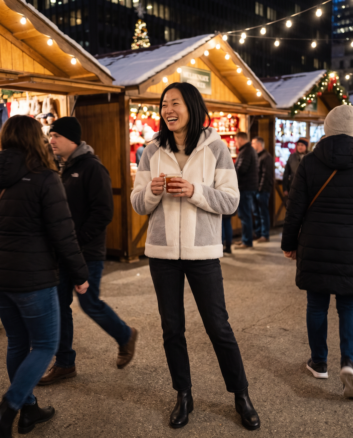 Color-Block Plush Hooded Jacket — at a holiday market at night