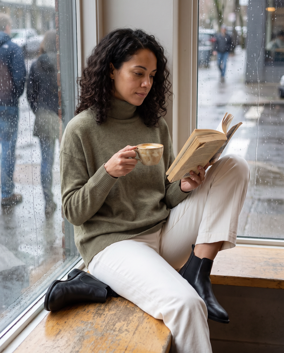 Erice Relaxed Loose-Fit Fine Knit Turtleneck Sweater — reading in a café on a rainy afternoon