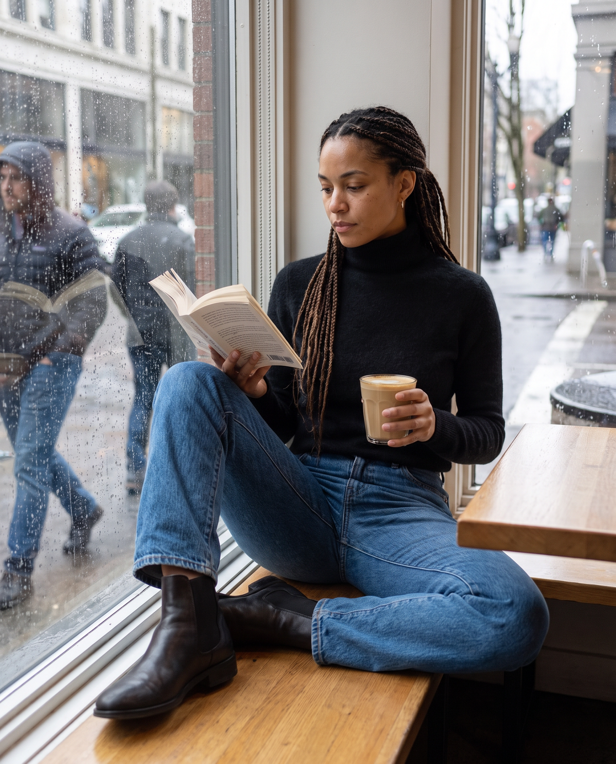 Marylebone Slim-Fit Brushed Knit Turtleneck Sweater — reading in a café on a rainy afternoon