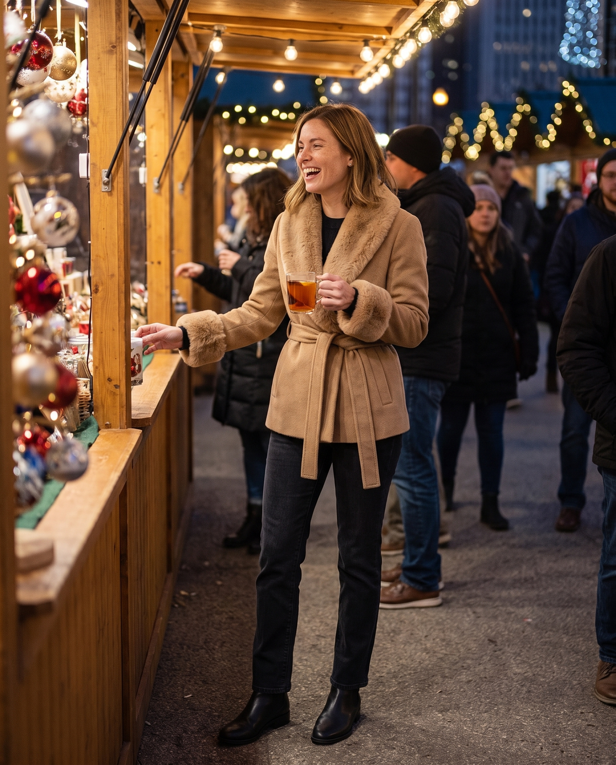 Wrap Coat with Removable Plush Collar — at a holiday market at night