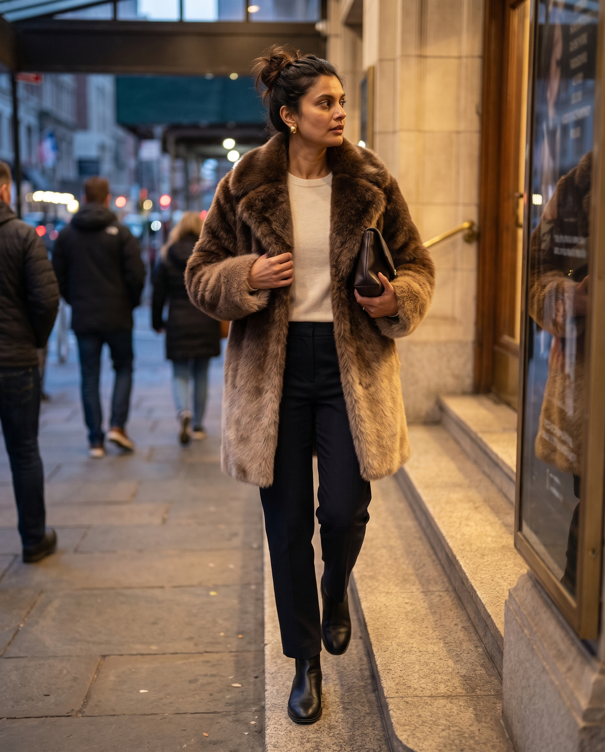 Oversized Gradient Faux Fur Coat — leaving the theatre on a cold evening