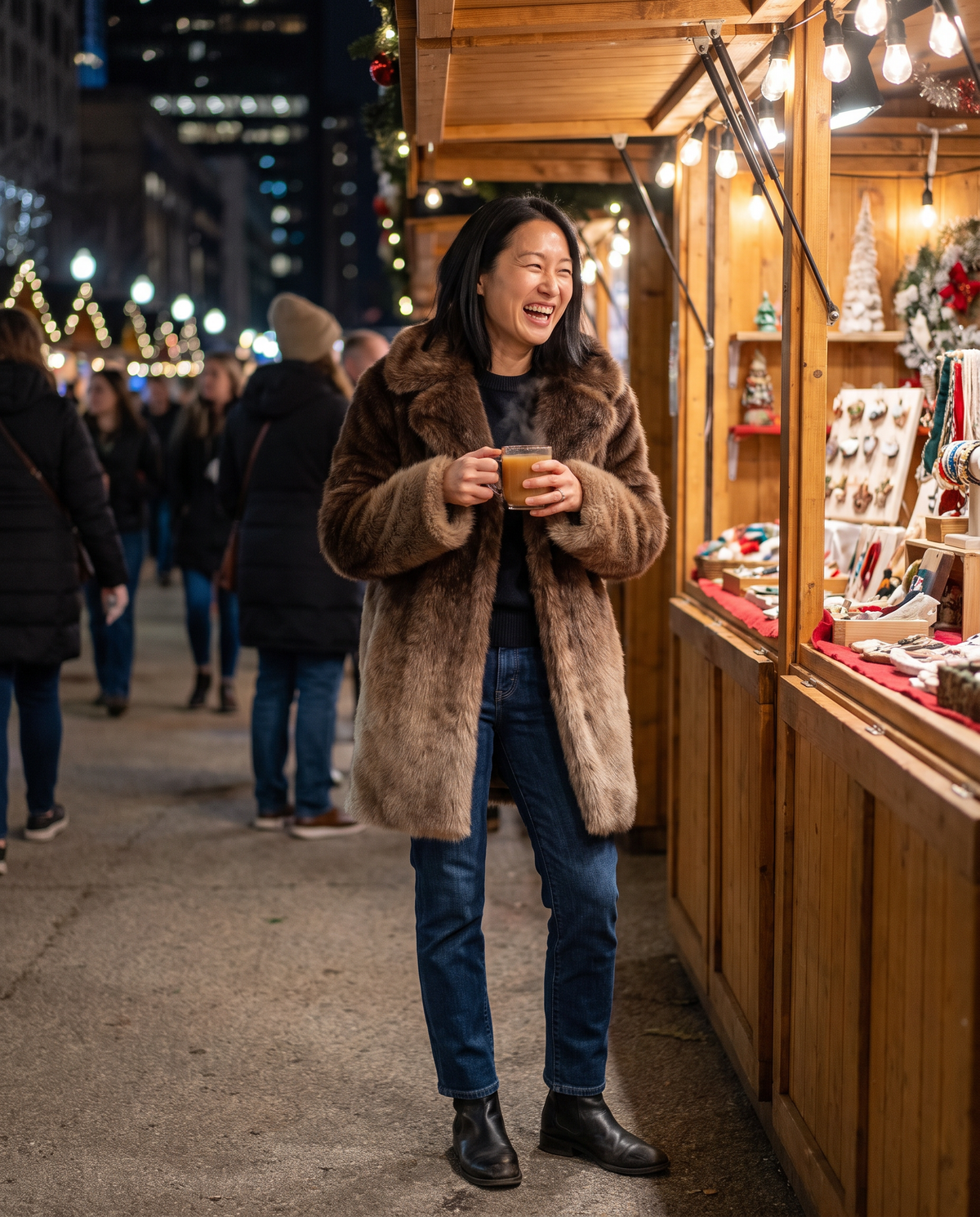 Oversized Gradient Faux Fur Coat — at a holiday market at night