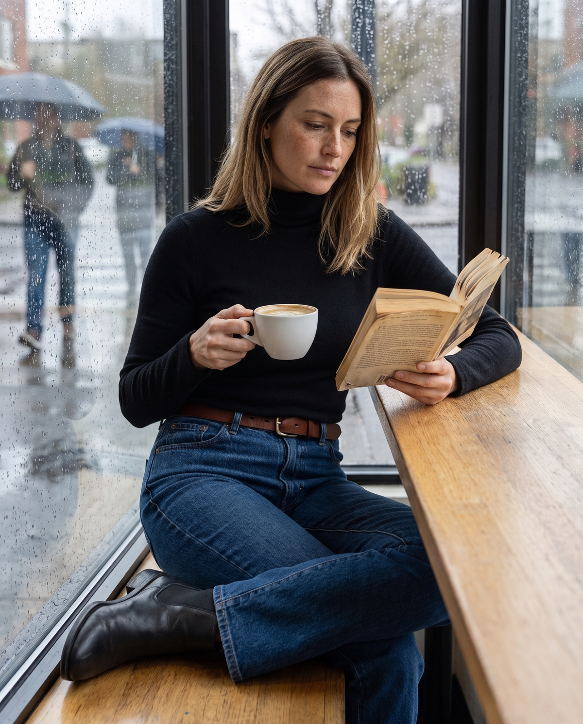 Highline Warm Fleece-Lined Slim Turtleneck Sweater — reading in a café on a rainy afternoon