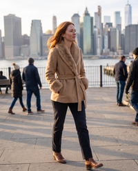 Wrap Coat with Removable Plush Collar — on the Brooklyn Heights promenade on a cold afternoon