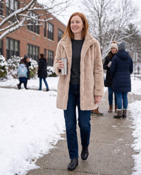 Faux Fur Coat with Quilted Lining — on a snowy school run in New England