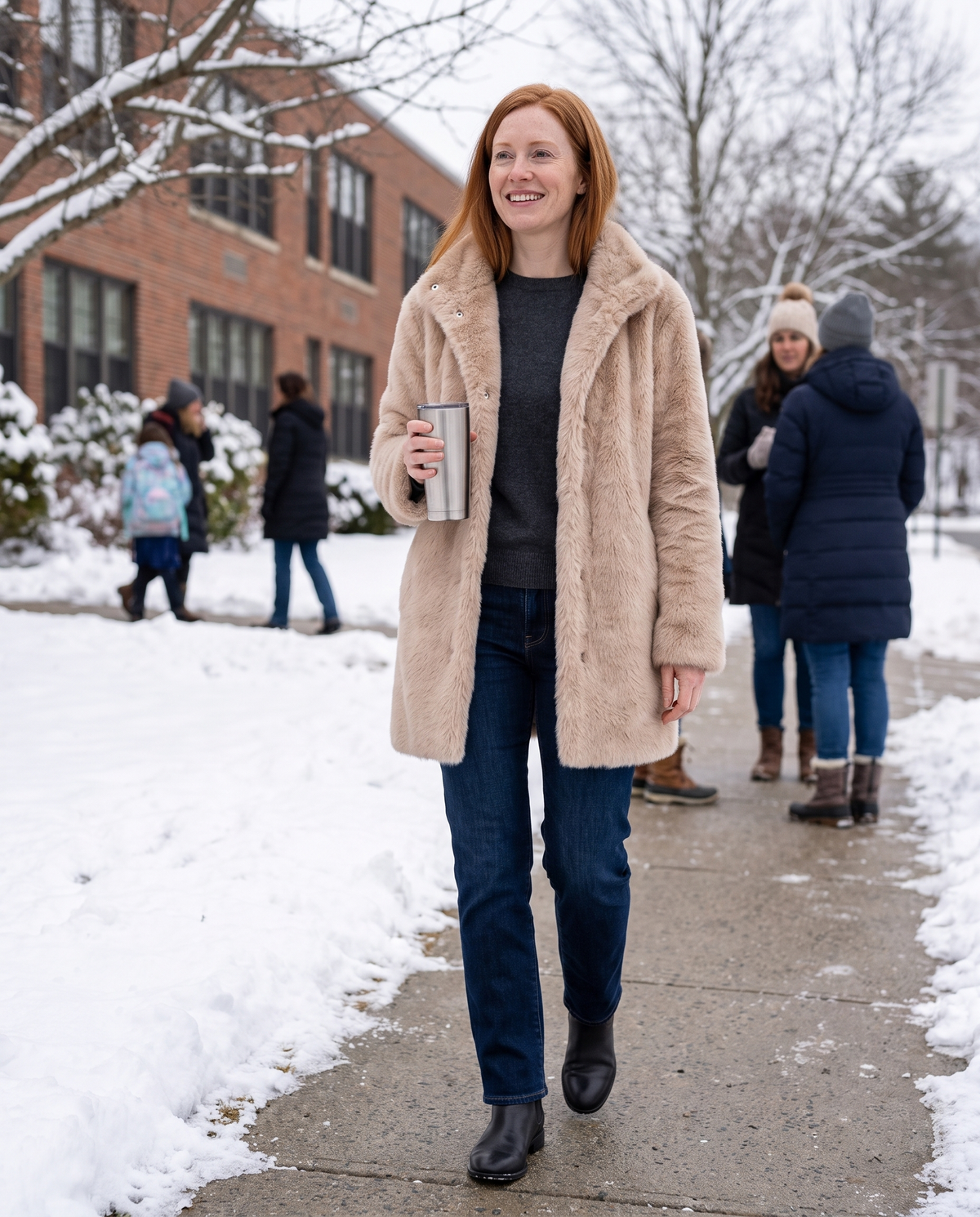 Faux Fur Coat with Quilted Lining — on a snowy school run in New England