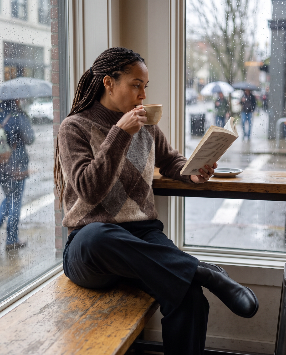 Weymouth Classic High Neck Color Block Argyle Sweater — reading in a café on a rainy afternoon
