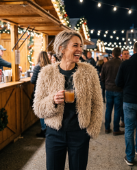 Cropped Shaggy Faux Fur Jacket — at a holiday market at night