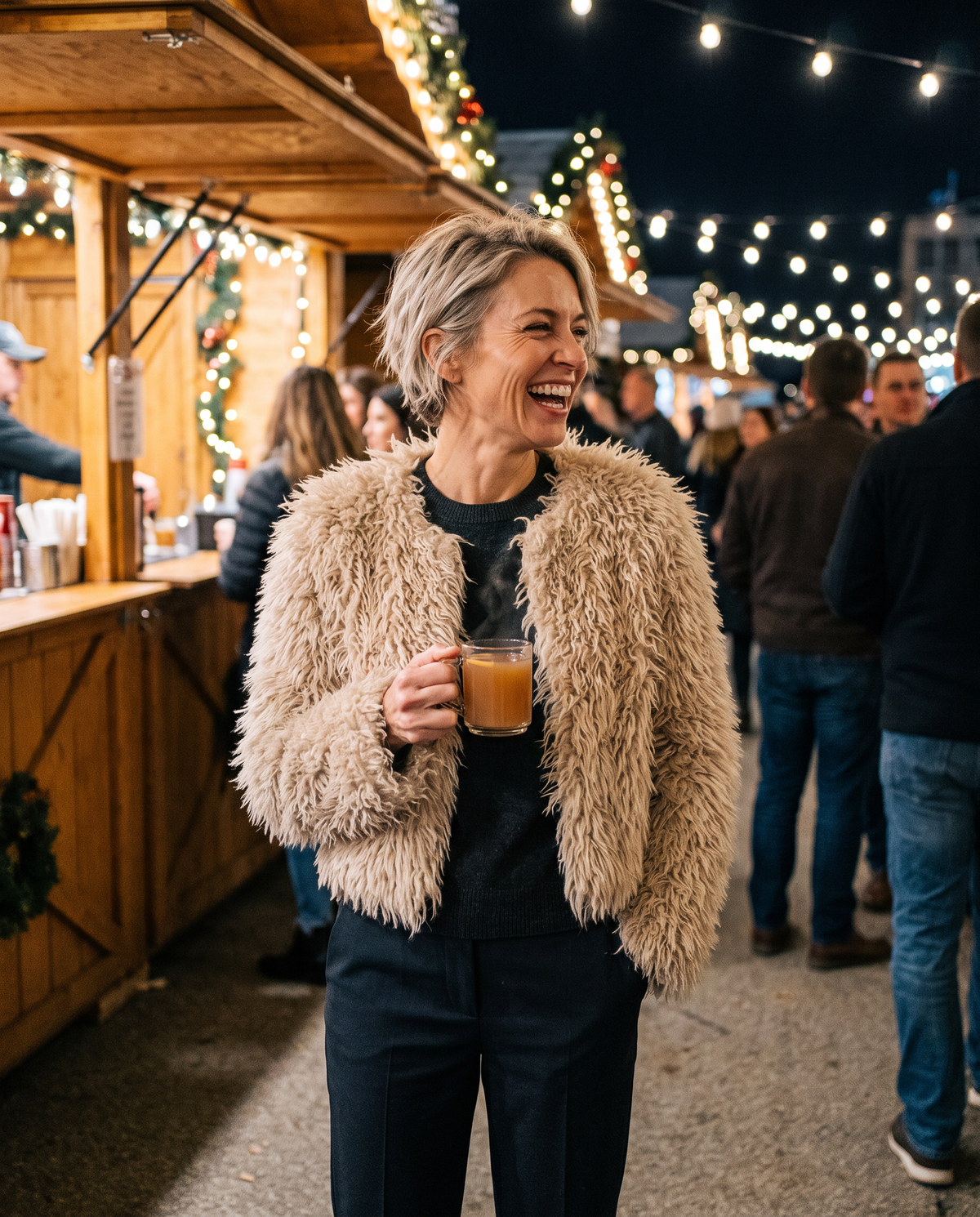 Cropped Shaggy Faux Fur Jacket — at a holiday market at night