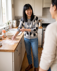 Belgravia Classic Argyle Button-Front Cardigan — baking at home on a Sunday morning